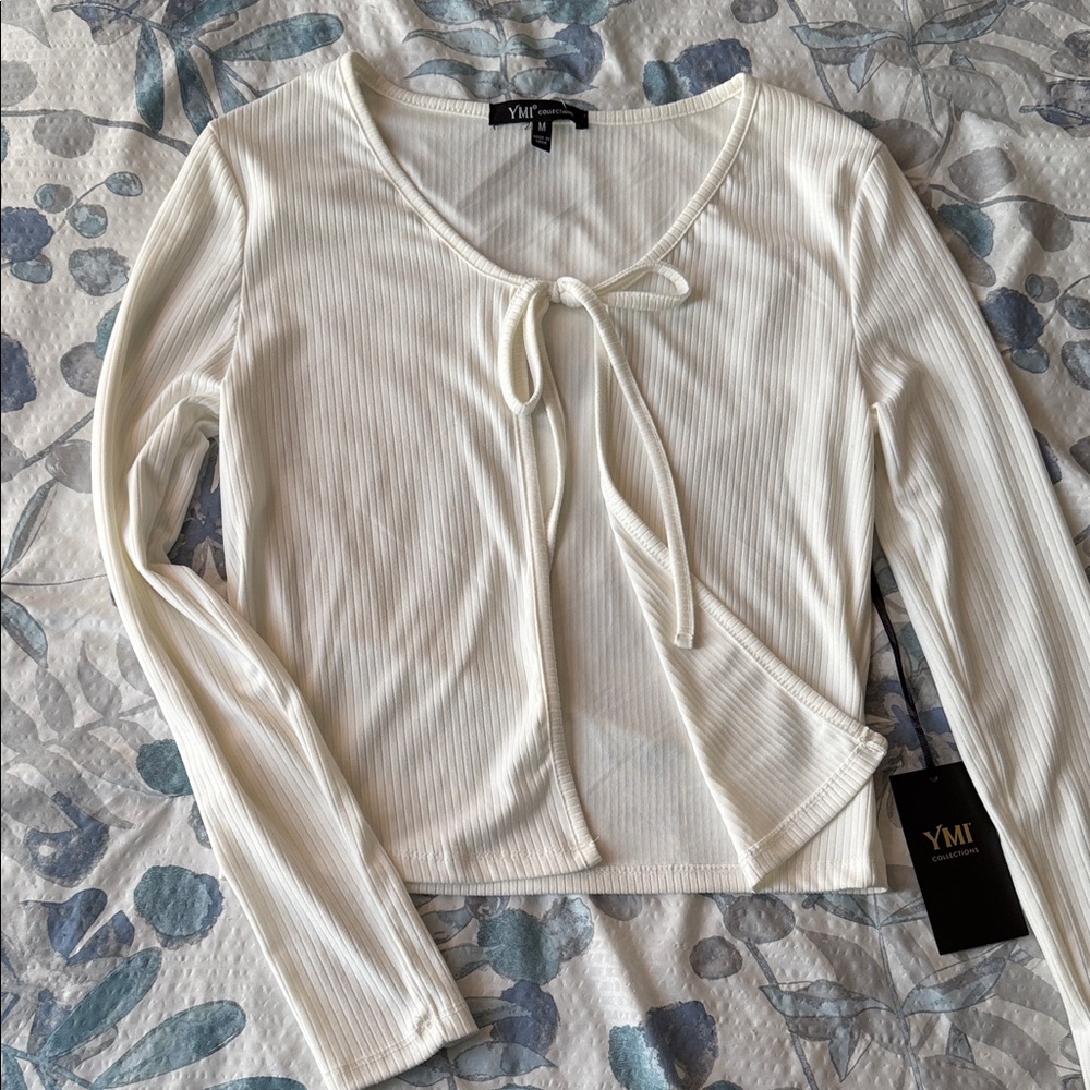 YMI Women's Ivory Ribbed Long Sleeve Top